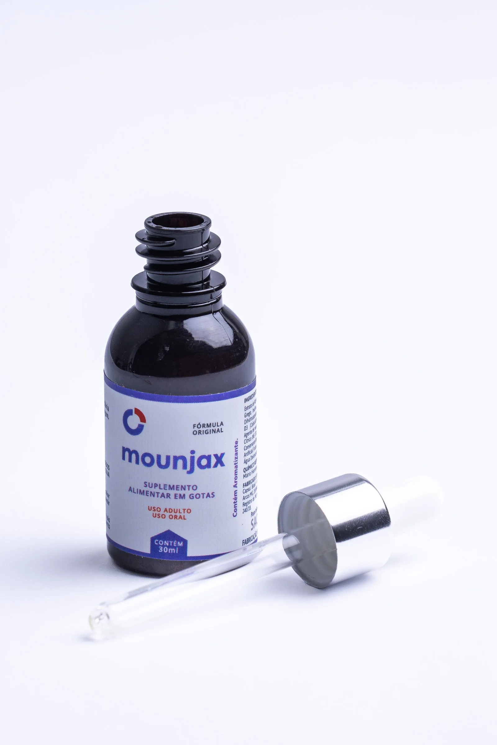 Frasco de Mounjax aberto com conta-gotas