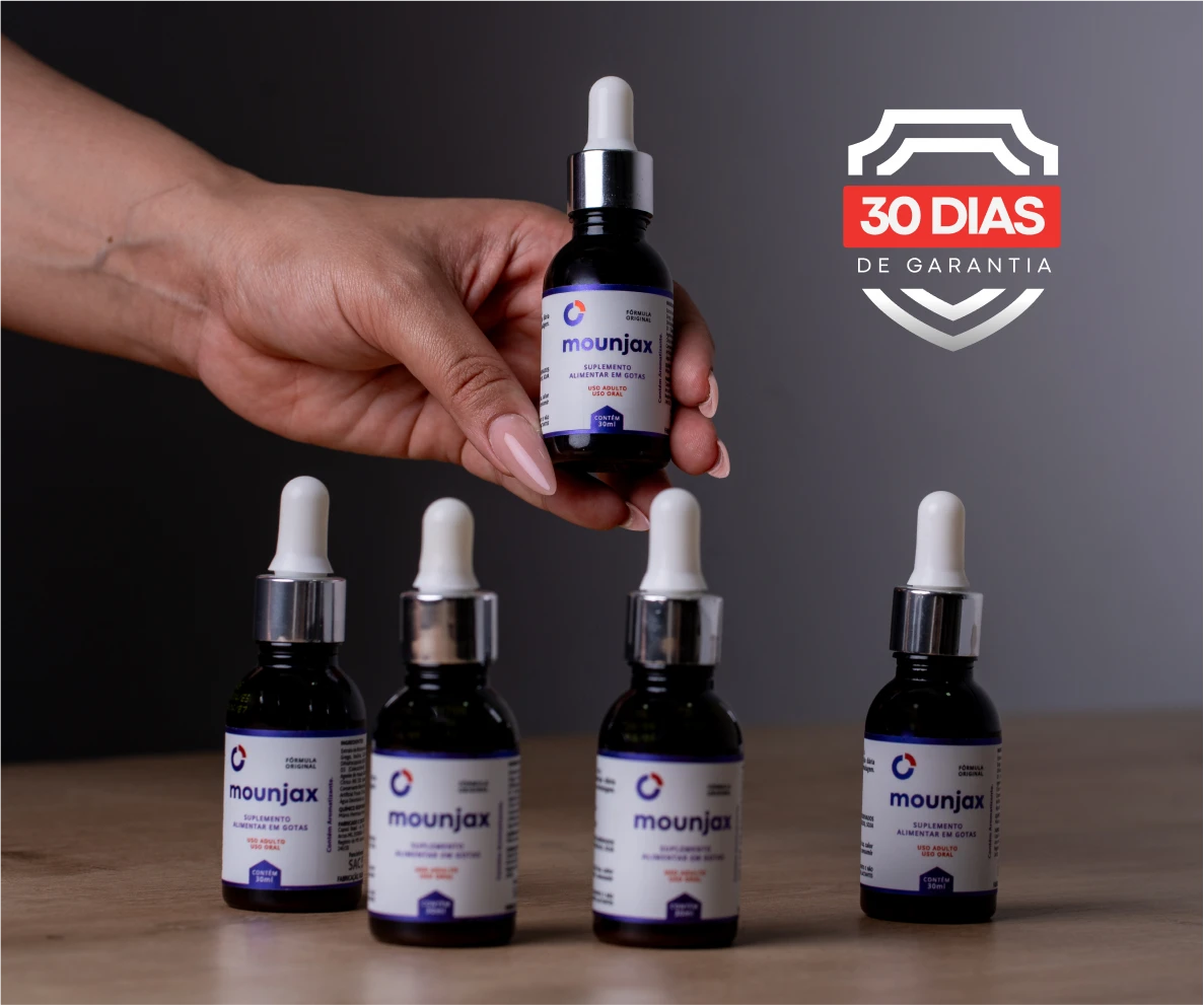 Mão segurando um frasco de Mounjax ao lado de outros frascos e de um selo de 30 dias de garantia