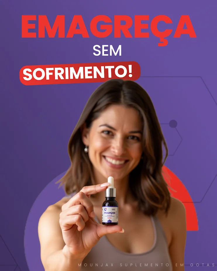 Mulher sorrindo segura o frasco de Mounjax Gotas em arte de divulgação do produto