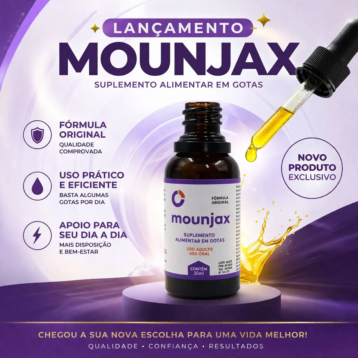 Arte de divulgação do fabricante do Mounjax Gota, com o frasco de 30 ml e as mensagens promocionais de lançamento