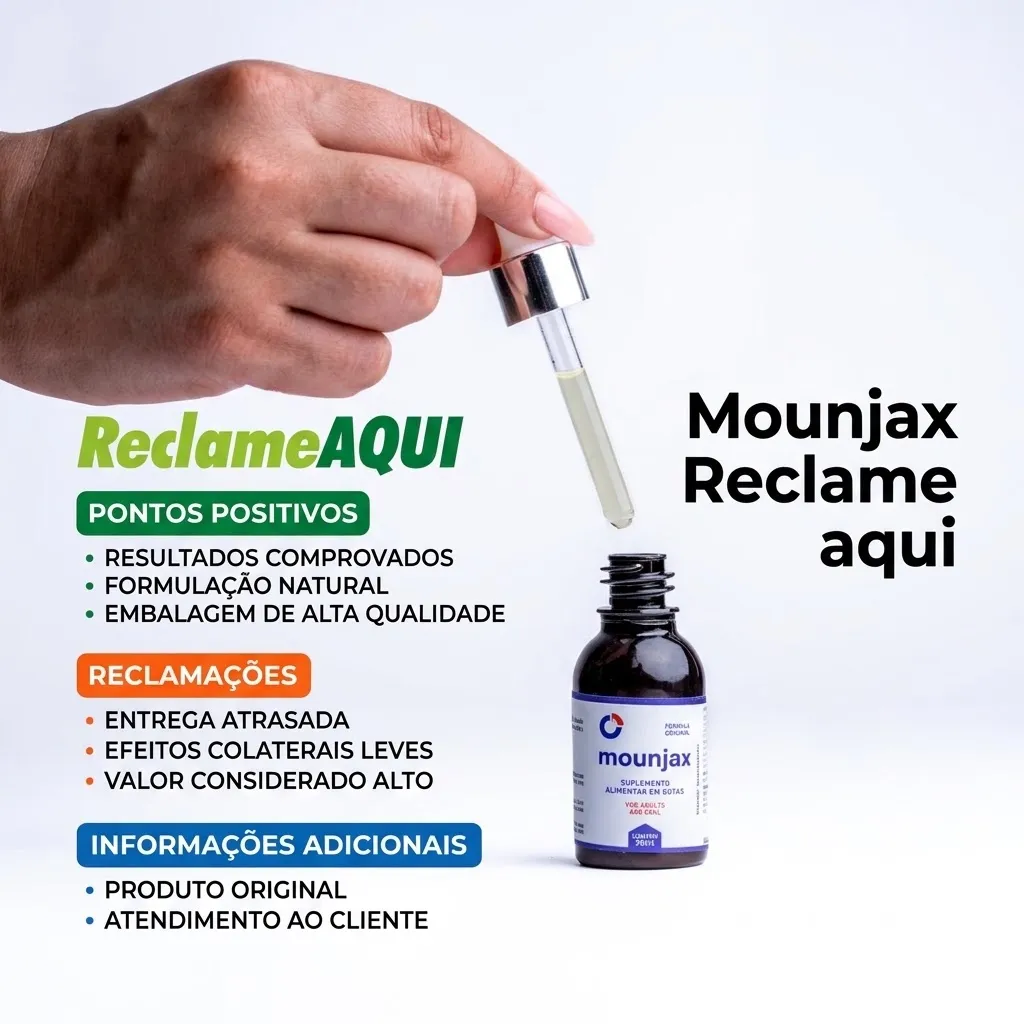 Arte de divulgação escrita 'Mounjax Reclame aqui' com selo do Reclame Aqui e lista de pontos positivos e de reclamações
